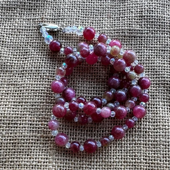 Natural Pink Tourmaline 8mm Bead necklace & Crystal spacers - Picture 2 of 8
